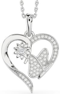 Diamond White Gold Heart Butterfly Flower Necklace