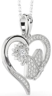 Diamond Platinum Heart Butterfly Flower Necklace