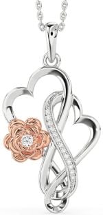 Large Diamond White Rose Gold Heart Infinity Flower Necklace