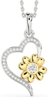 Diamond Silver & 10K gold Heart Flower Necklace