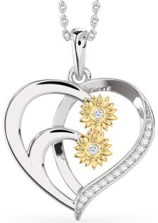 Diamond Silver & 10K gold Heart Sunflower Necklace