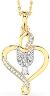 Diamond White Yellow Gold Heart Angel Necklace