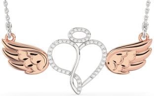 Large Diamond Silver & 10K Rose Gold Heart Angel Necklace