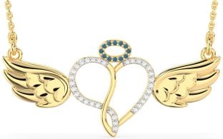 Large Blue Diamond Gold Heart Angel Necklace
