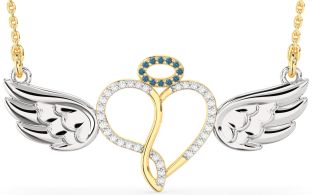 Large Blue Diamond Platinum & Yellow Gold Heart Angel Necklace