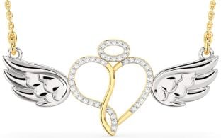 Large Diamond White Yellow Gold Heart Angel Necklace