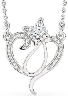 Diamond White Gold Heart Cat Animals Necklace