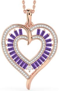 Large Diamond & Amethyst Rose Gold Heart Necklace