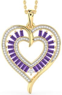 Large Diamond & Amethyst Gold Heart Necklace