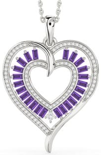 Large Diamond & Amethyst Platinum Heart Necklace