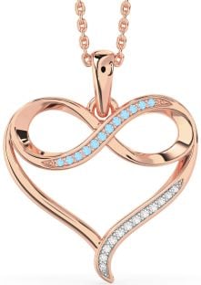Large Diamond & Aquamarine Rose Gold Silver Heart Infinity Necklace