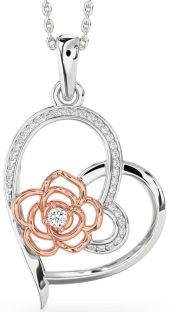 Diamond Platinum & Rose Gold Heart Flower Necklace