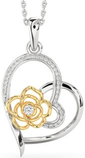 Diamond Silver & 10K gold Heart Flower Necklace