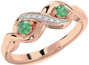 Diamond Emerald Rose Gold Infinity Round Two Stone Birthstone Ring