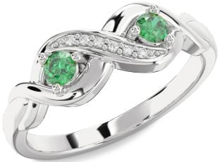 Diamond Emerald Silver Infinity Round Two Stone Birthstone Ring