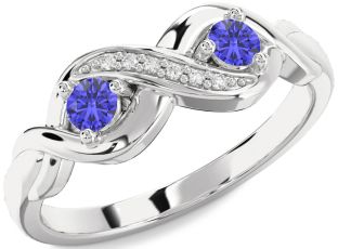 Diamond Emerald Platinum Infinity Round Two Stone Birthstone Ring