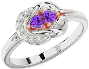 Diamond Emerald Platinum & Rose Gold Knot Two Heart Birthstone Ring