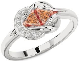 Diamond Emerald Platinum & Rose Gold Knot Two Heart Birthstone Ring