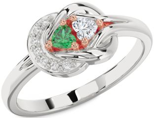 Diamond Emerald Platinum & Rose Gold Knot Two Heart Birthstone Ring