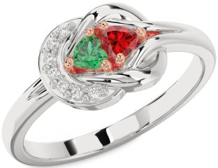 Diamond Emerald Platinum & Rose Gold Knot Two Heart Birthstone Ring