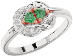 Diamond Emerald Platinum & Rose Gold Knot Two Heart Birthstone Ring