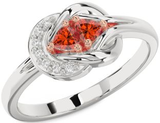 Diamond Emerald Platinum & Rose Gold Knot Two Heart Birthstone Ring