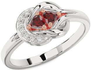 Diamond Emerald Platinum & Rose Gold Knot Two Heart Birthstone Ring