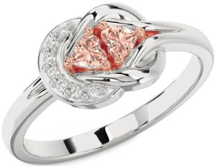 Diamond Emerald Platinum & Rose Gold Knot Two Heart Birthstone Ring