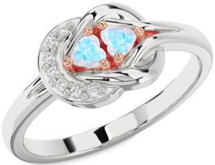 Diamond Emerald Platinum & Rose Gold Knot Two Heart Birthstone Ring