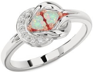 Diamond Emerald Platinum & Rose Gold Knot Two Heart Birthstone Ring