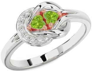 Diamond Emerald Platinum & Rose Gold Knot Two Heart Birthstone Ring