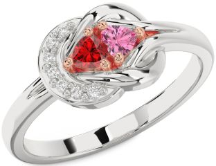 Diamond Emerald Platinum & Rose Gold Knot Two Heart Birthstone Ring