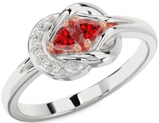 Diamond Emerald Platinum & Rose Gold Knot Two Heart Birthstone Ring