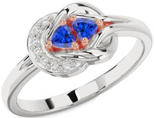 Diamond Emerald Platinum & Rose Gold Knot Two Heart Birthstone Ring