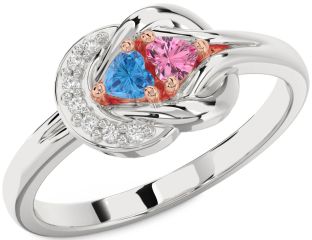 Diamond Silver & 10K Rose Gold Knot Two Heart Promise Ring