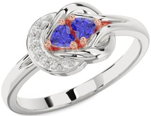 Diamond Emerald Platinum & Rose Gold Knot Two Heart Birthstone Ring