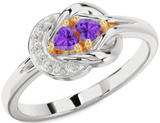 Diamond Emerald Platinum & Yellow Gold Knot Two Heart Birthstone Ring