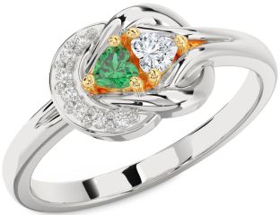 Diamond Emerald Platinum & Yellow Gold Knot Two Heart Birthstone Ring