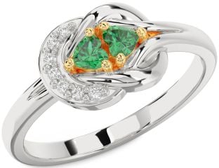 Diamond Emerald Platinum & Yellow Gold Knot Two Heart Birthstone Ring