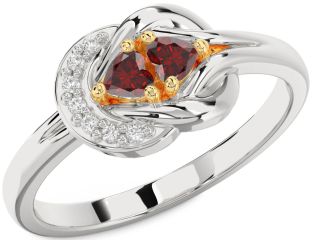 Diamond Emerald Platinum & Yellow Gold Knot Two Heart Birthstone Ring