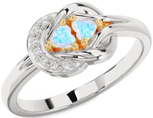 Diamond Emerald Platinum & Yellow Gold Knot Two Heart Birthstone Ring