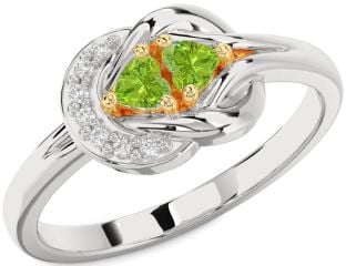 Diamond Emerald Platinum & Yellow Gold Knot Two Heart Birthstone Ring
