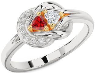 Diamond Emerald Platinum & Yellow Gold Knot Two Heart Birthstone Ring