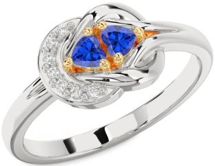 Diamond Emerald Platinum & Yellow Gold Knot Two Heart Birthstone Ring