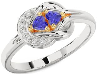 Diamond Emerald Platinum & Yellow Gold Knot Two Heart Birthstone Ring