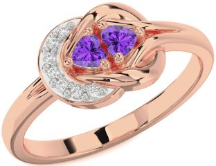 Diamond Emerald Rose Gold Knot Two Heart Birthstone Ring
