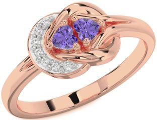 Diamond Emerald Rose Gold Knot Two Heart Birthstone Ring