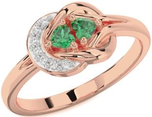 Diamond Emerald Rose Gold Knot Two Heart Birthstone Ring