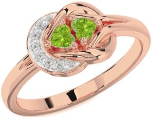 Diamond Emerald Rose Gold Knot Two Heart Birthstone Ring