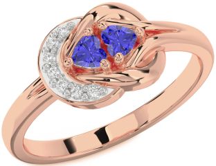 Diamond Emerald Rose Gold Knot Two Heart Birthstone Ring
